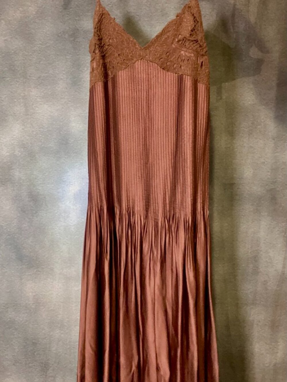 Massimo Dutti Brown Pleated Maxi Dress with Lace Detail - Picture 2 of 5